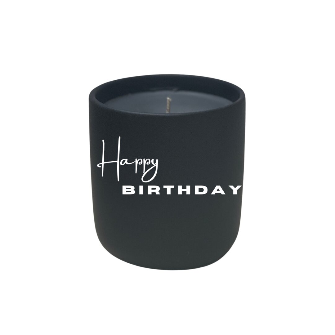 A Quoted Candle - Boy Mom with the words "happy birthday" on it.